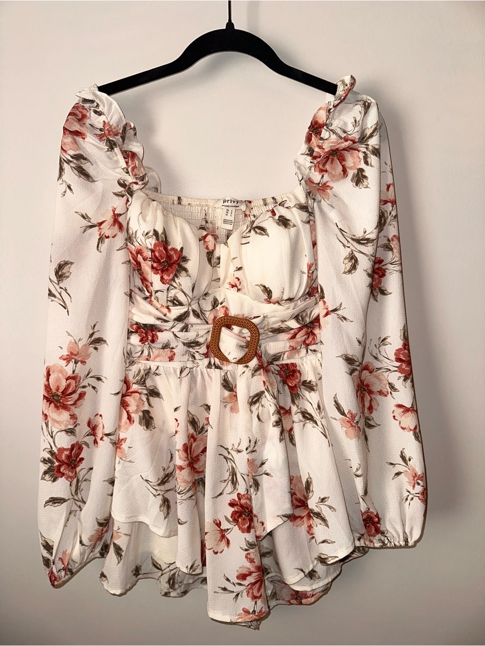 Floral Ruffled Romper with Belt - White/Rust